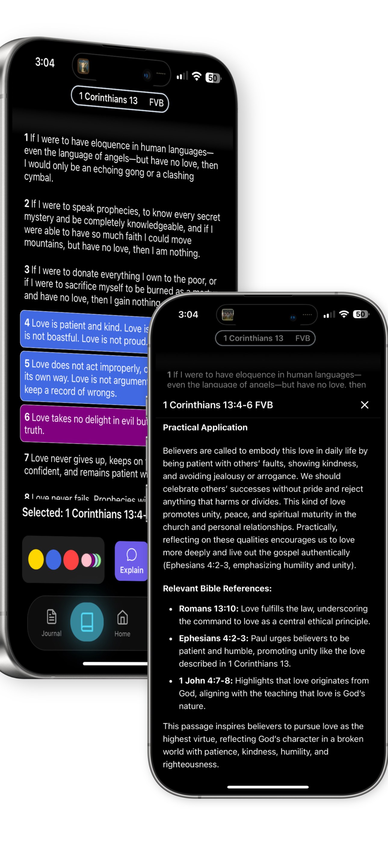 Bible Buddy app showing 1 Corinthians 13 with AI-powered explanations and study tools